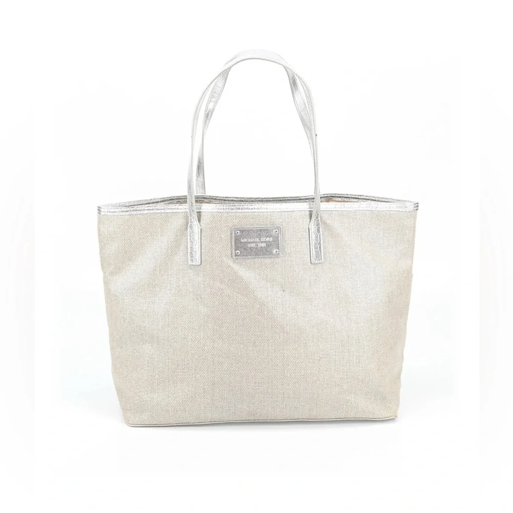Michael Kors Champagne Woven Tote Bag Silver Metallic‎ Croc Trim Large Shopper